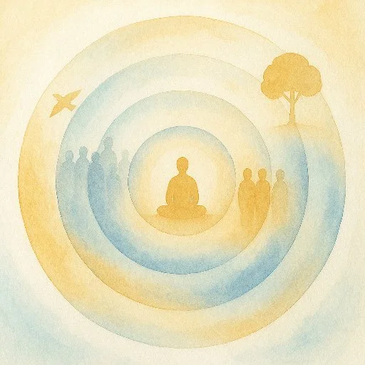 Abstract illustration of a person surrounded by soft concentric circles representing self-awareness and inner attention